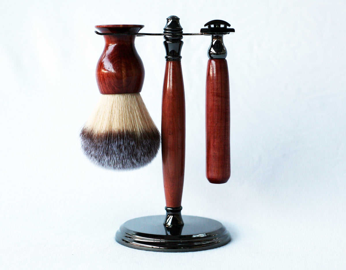 Aromatic Red Cedar Wood Hand Crafted Shave Set, safety razor, 26mm lather brush and a matching shave stand. CreationsByWill