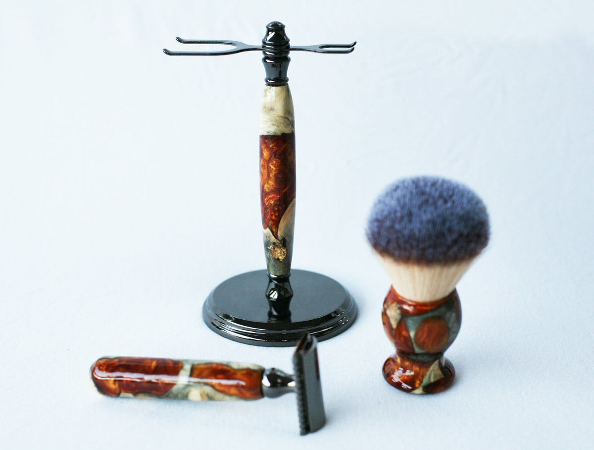 Buckeye Burl Shave Set with Gold and red swirl  Resin safety razor, 26mm lather brush and a matching shave stand. CreationsByWill