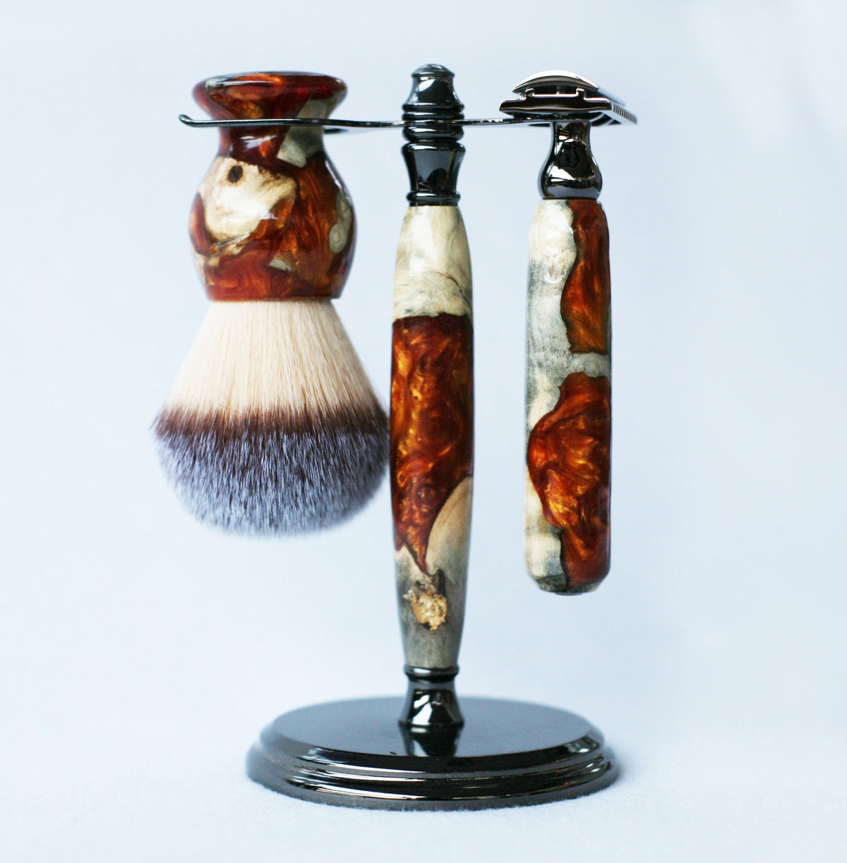 Buckeye Burl Shave Set with Gold and red swirl  Resin safety razor, 26mm lather brush and a matching shave stand. CreationsByWill