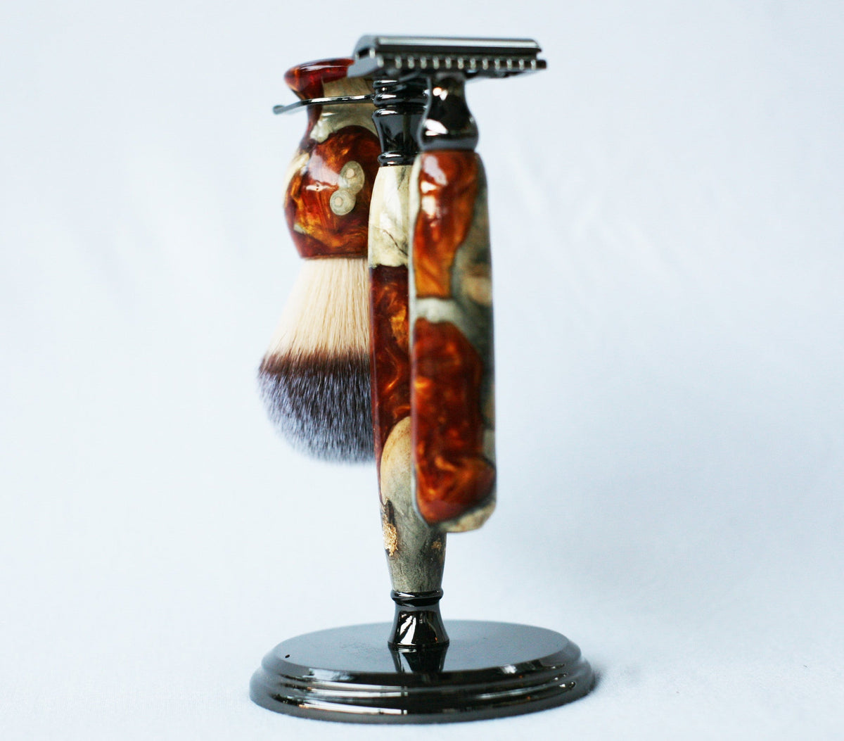 Buckeye Burl Shave Set with Gold and red swirl  Resin safety razor, 26mm lather brush and a matching shave stand. CreationsByWill