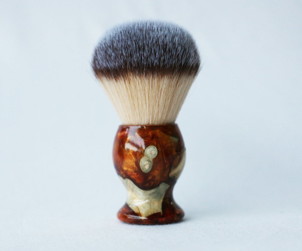 Buckeye Burl Shave Set with Gold and red swirl  Resin safety razor, 26mm lather brush and a matching shave stand. CreationsByWill