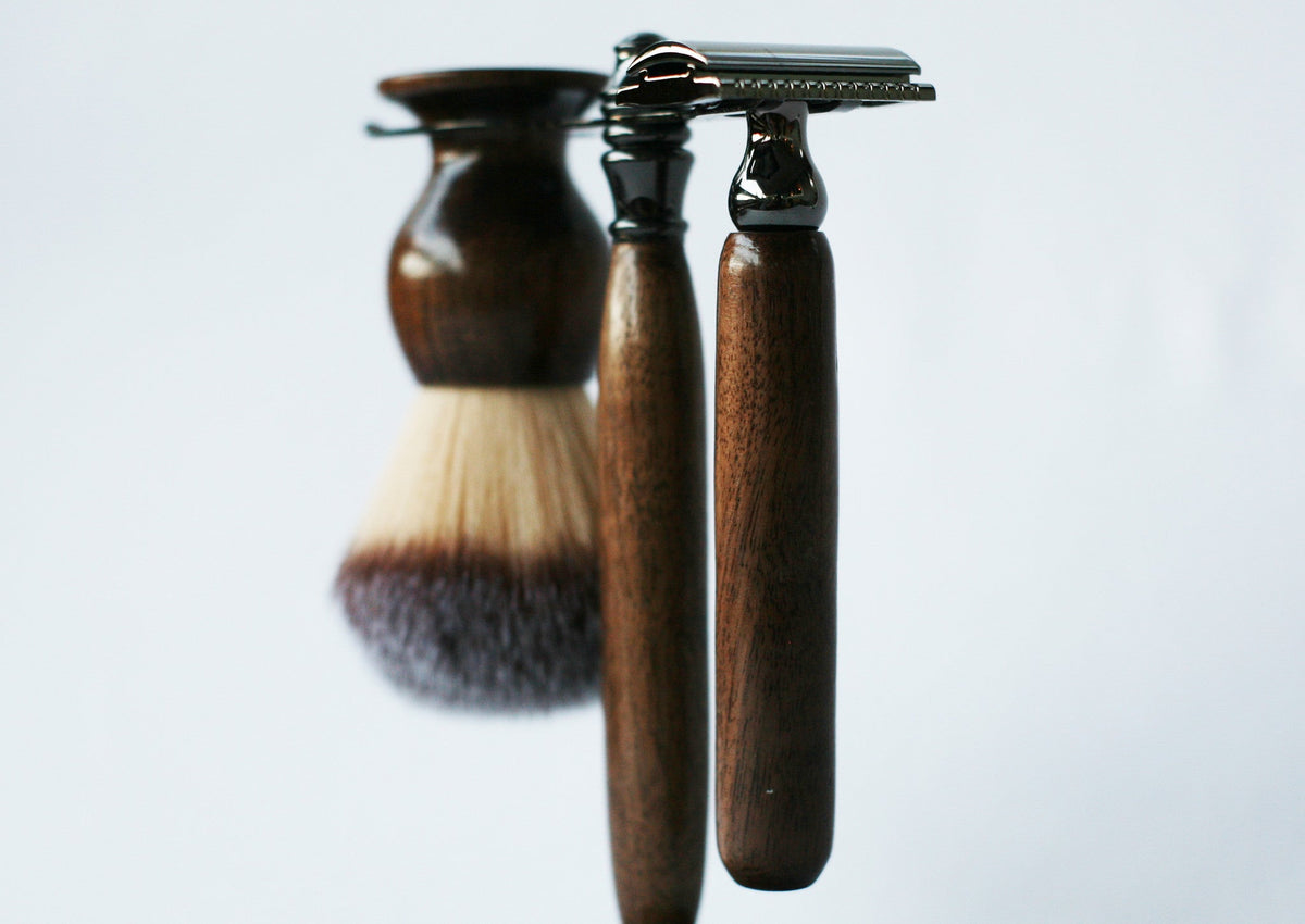 Walnut Wood Hand Crafted Shave Set with Gunmetal Safety Razor CreationsByWill