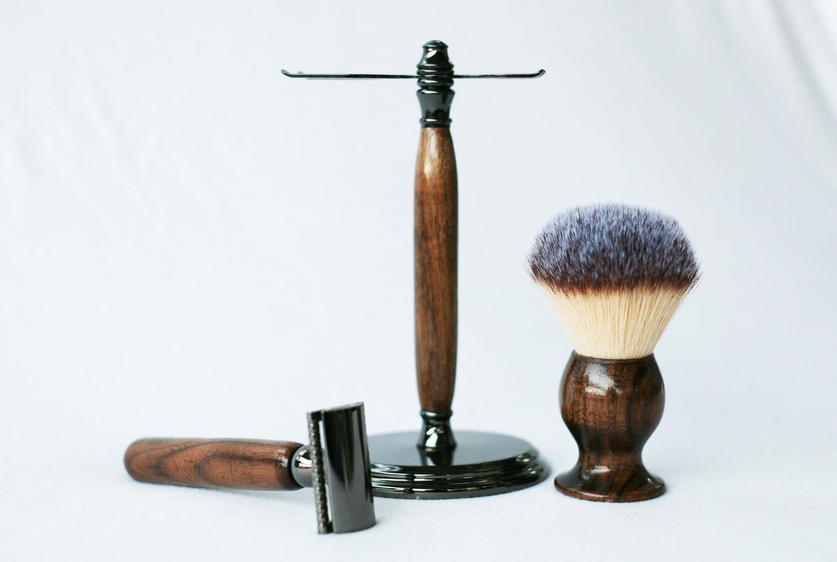 Walnut Wood Hand Crafted Shave Set with Gunmetal Safety Razor CreationsByWill