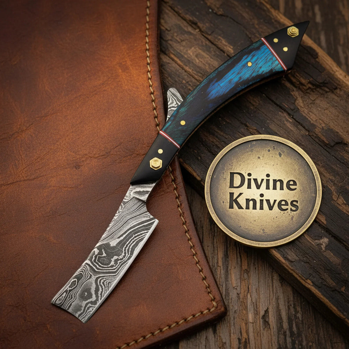 Scrimshaw Damascus Straight Razor with Bone Handle – Handcrafted Cut-Throat Razor with Nautical Art Divine Knives