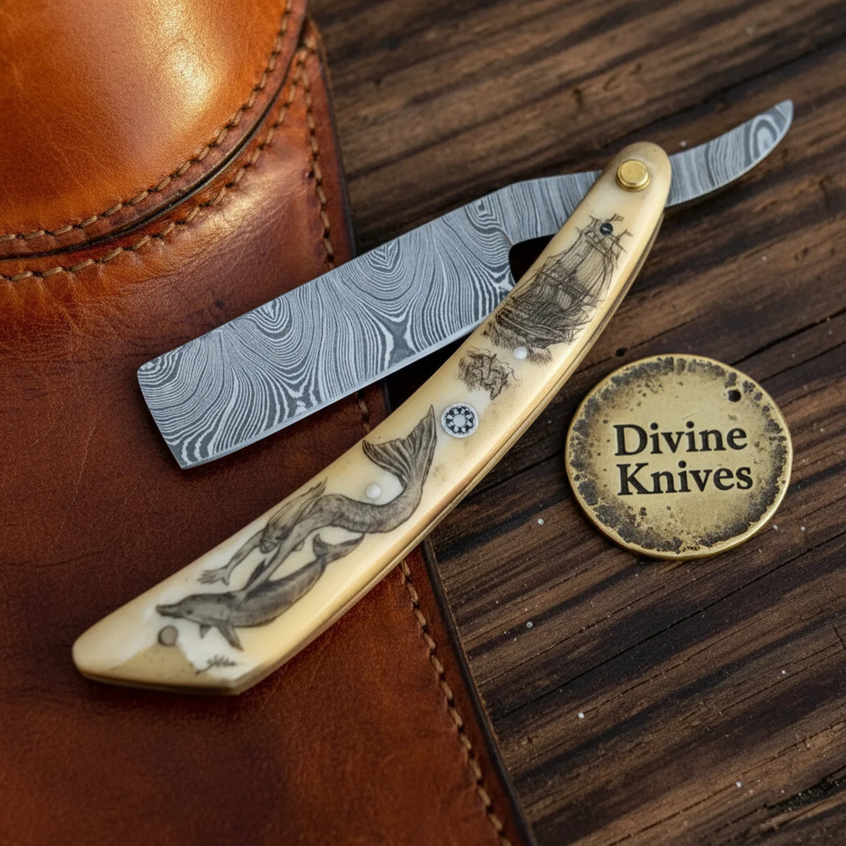 Damascus Straight Razor with Olive Wood Handle & Leather Pouch – Handcrafted Cut-Throat Razor for Travel Divine Knives