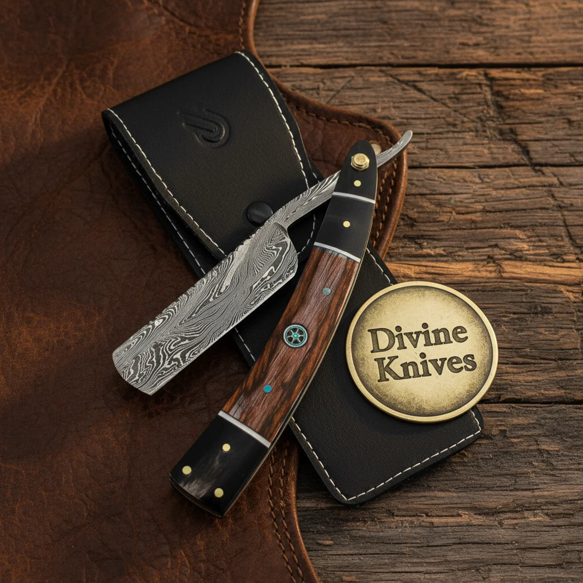 Damascus Straight Razor with Rosewood Handle & Turquoise Pin – Handcrafted Cut-Throat Razor with Western Accent Divine Knives