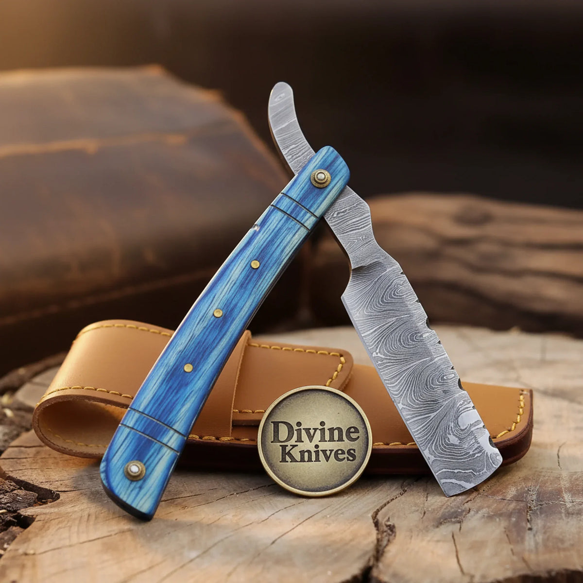 Blue Pakkawood Damascus Straight Razor – Handcrafted Cut-Throat Razor with 3–4 Inch Blade Divine Knives