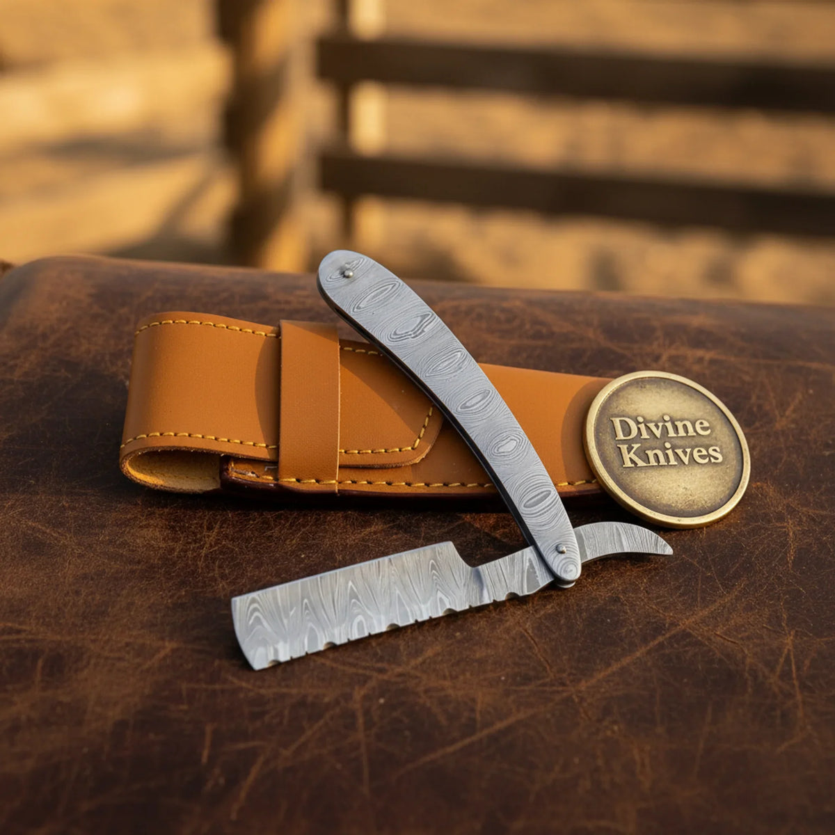 All Steel Damascus Straight Razor with Sheath – Handcrafted Cut-Throat Razor with 4-Inch Blade Divine Knives