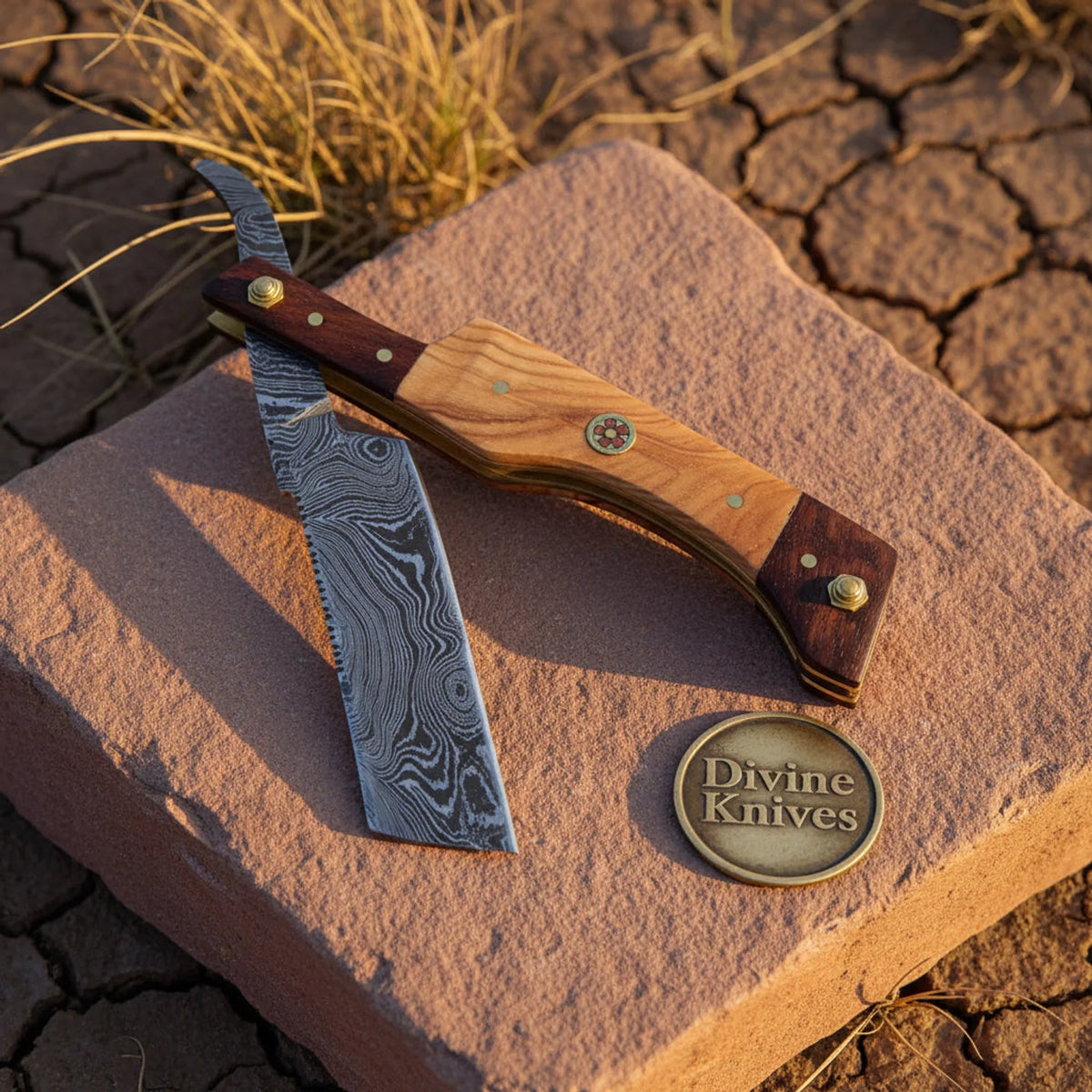 Olive & Tali Wood Damascus Straight Razor – Handcrafted Cut-Throat Razor with Brass Pins Divine Knives