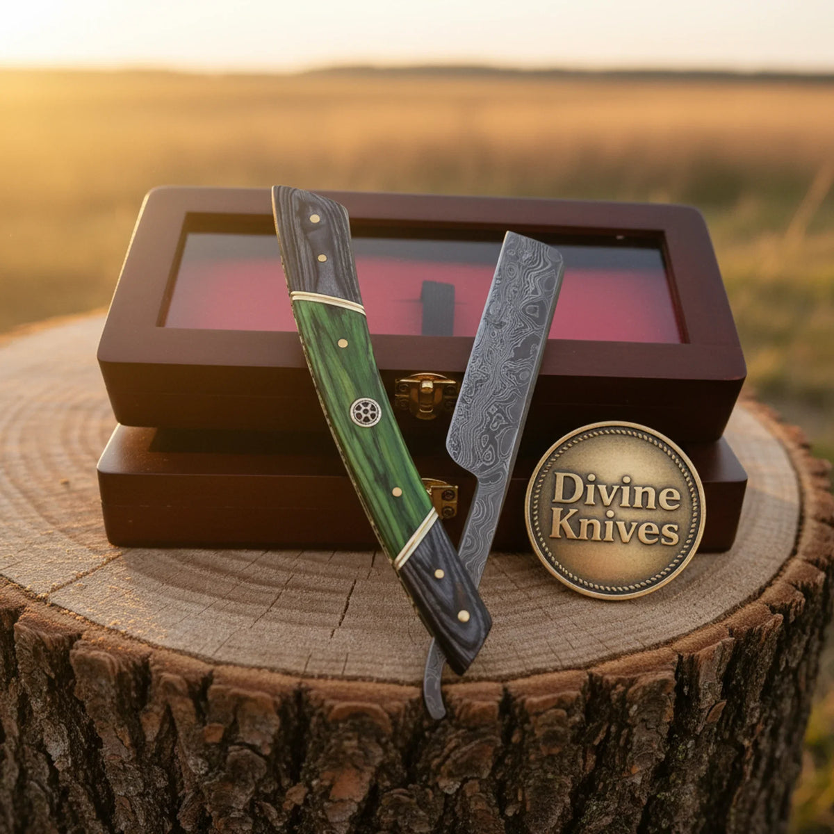 Green & Black Pakkawood Damascus Straight Razor – Handcrafted Cut-Throat Razor with Display Box Divine Knives