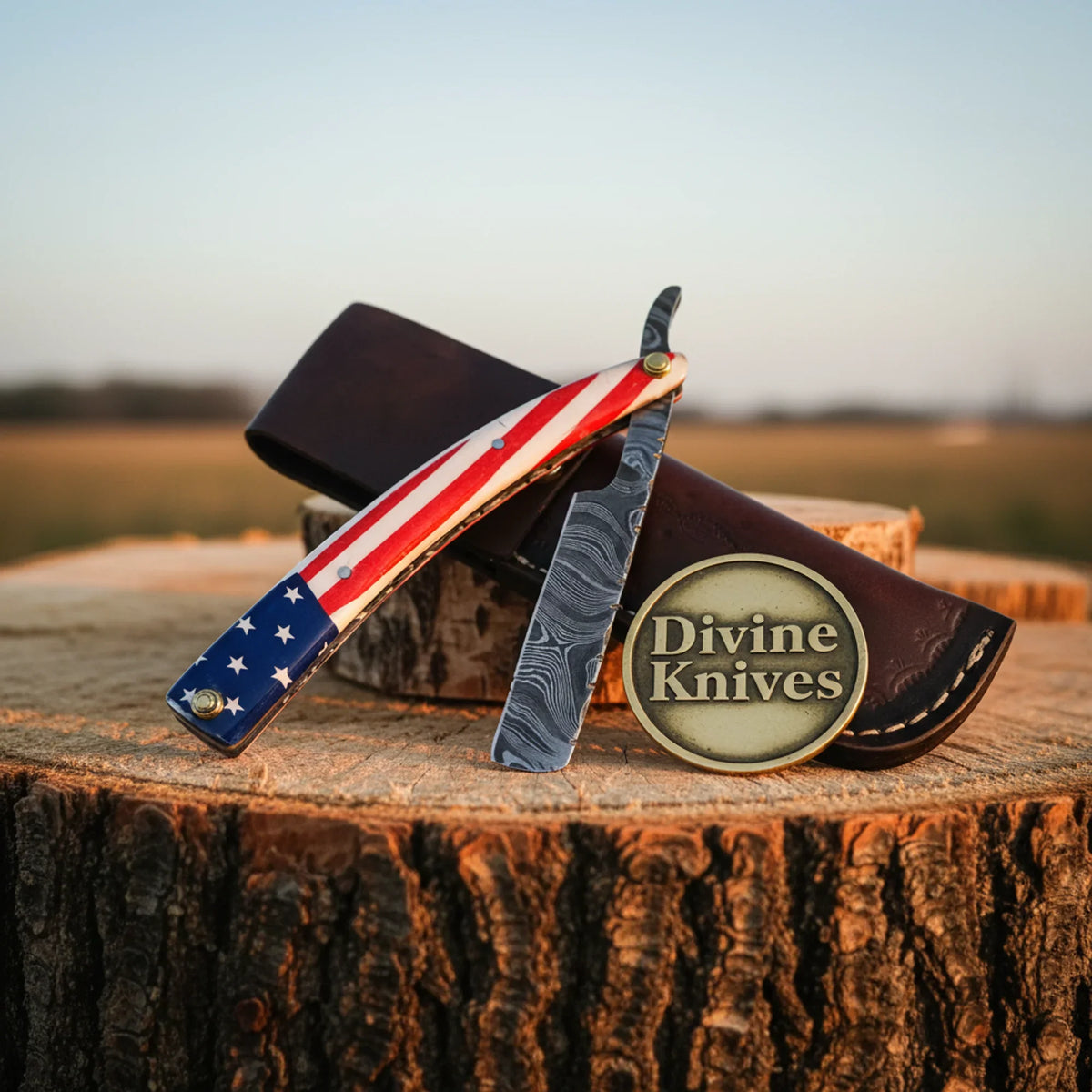 American Flag Damascus Straight Razor – Handcrafted Patriotic Cut-Throat Razor with 4-Inch Blade Divine Knives