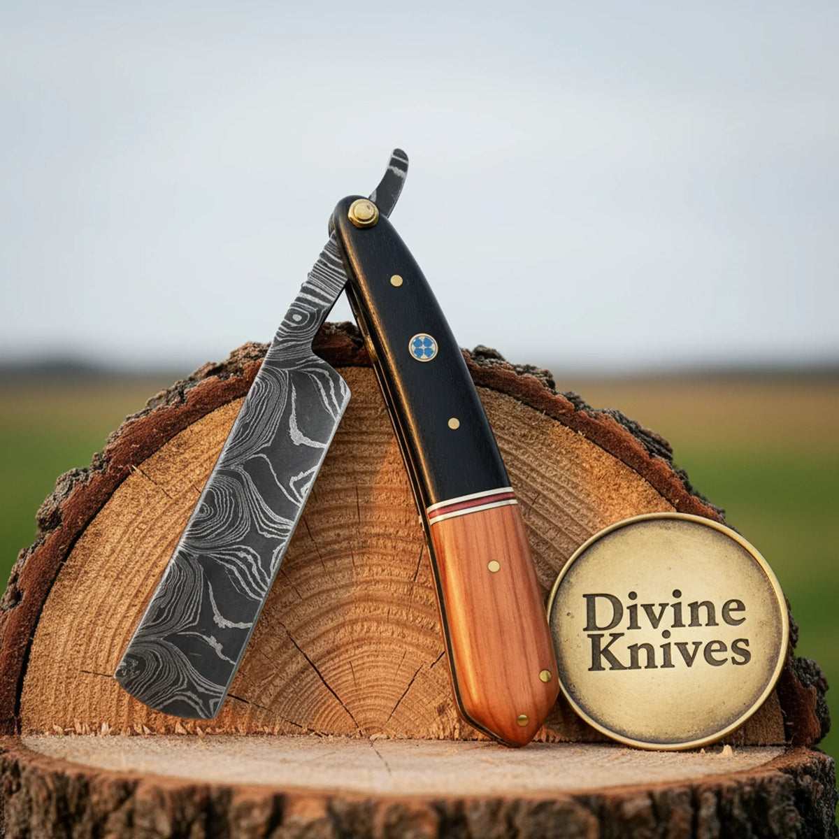 Black & Olive Wood Damascus Straight Razor – Handcrafted Cut-Throat Razor with 4-Inch Edge Divine Knives