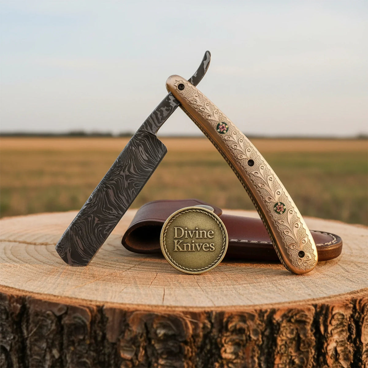 Engraved Brass Damascus Straight Razor – Handcrafted Ornate Cut-Throat Razor with Floral Handle Divine Knives