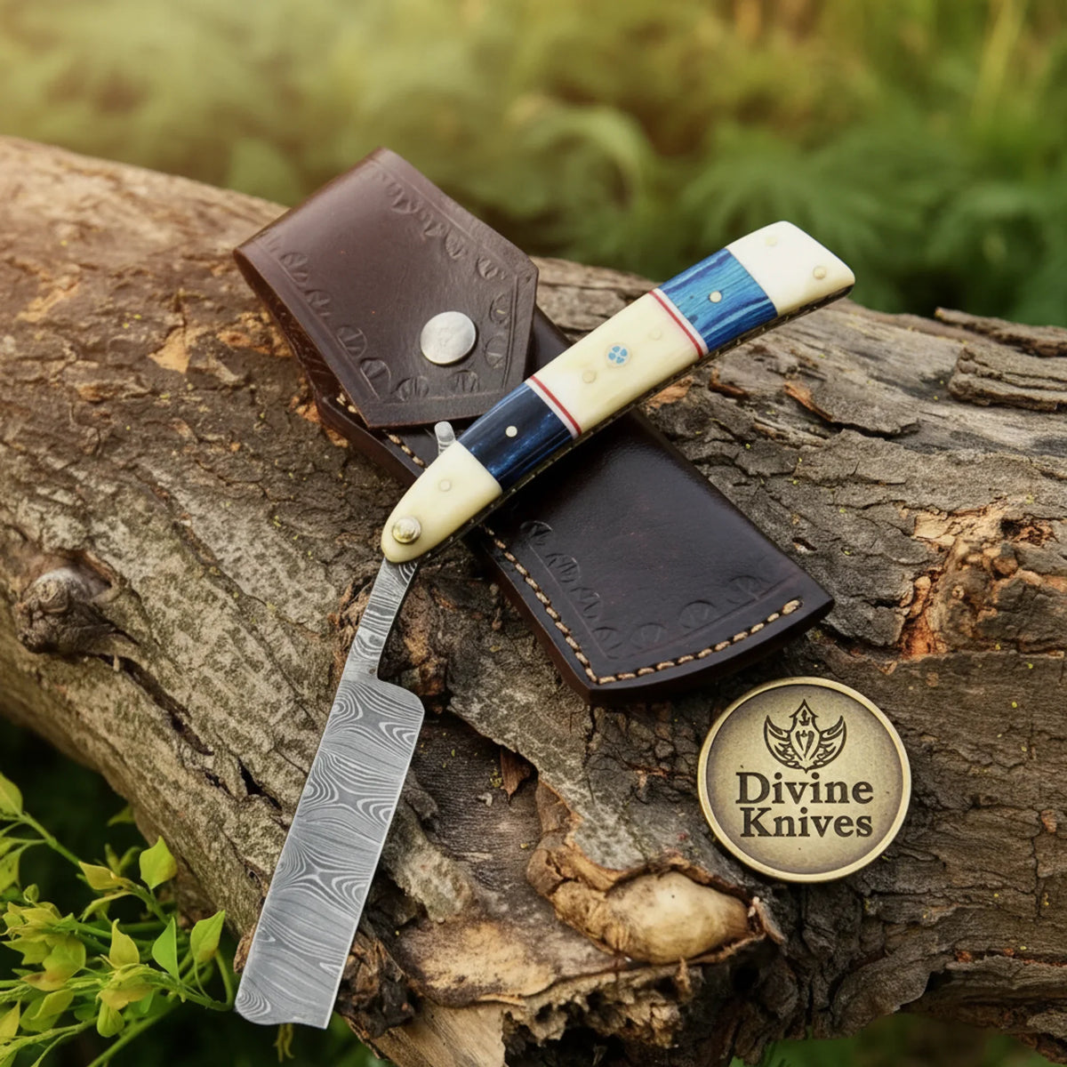 Blue Pakkawood & Camel Bone Straight Razor – Handcrafted Cut-Throat Razor with 4-Inch Blade Divine Knives