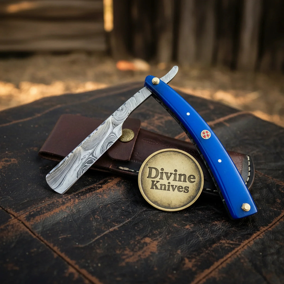 Blue Pakkawood Damascus Straight Razor with Long Blade – Handcrafted Cut-Throat Razor (4–5 Inch) Divine Knives