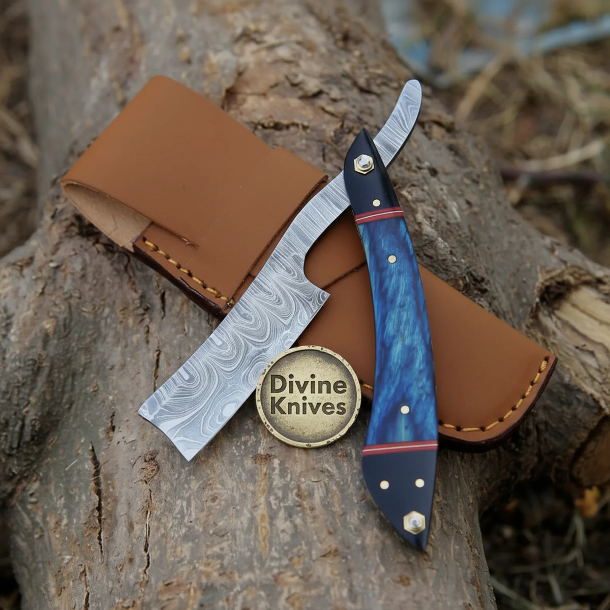 Twisted Damascus Straight Razor with Blue & Black Resin Handle – Handcrafted Cut-Throat Razor Divine Knives
