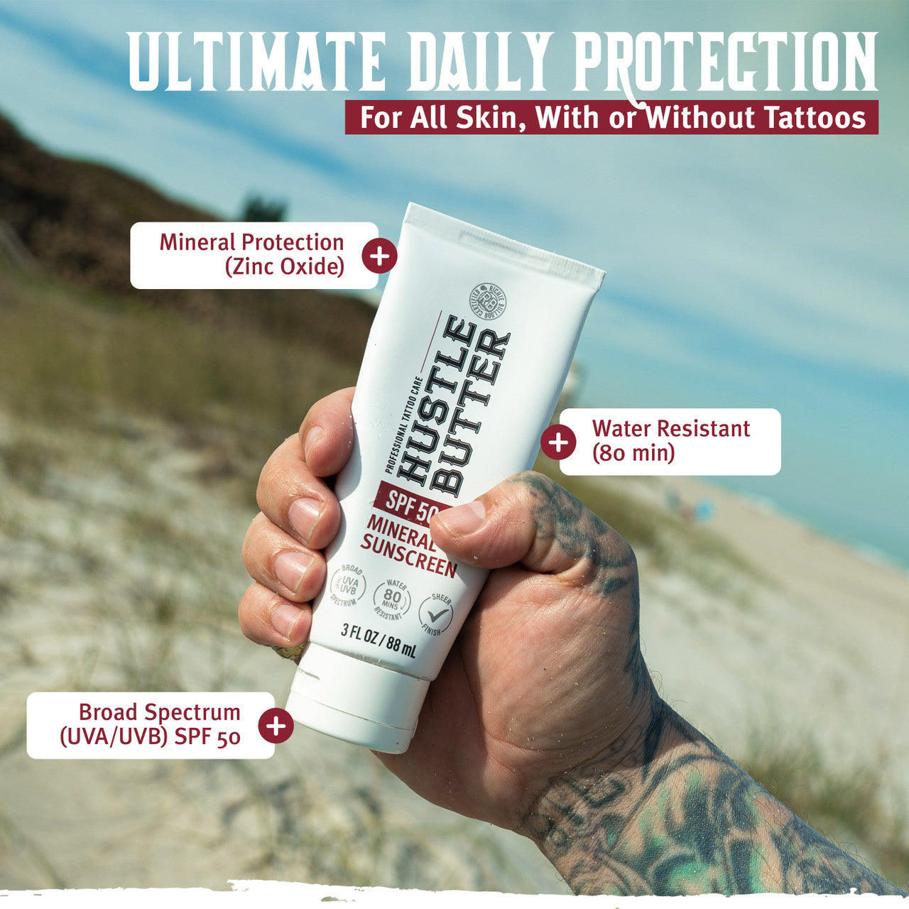 HUSTLE BUTTER MINERAL SUNSCREEN LOTION SPF 50 - 3OZ N.O.S. Barber Supply
