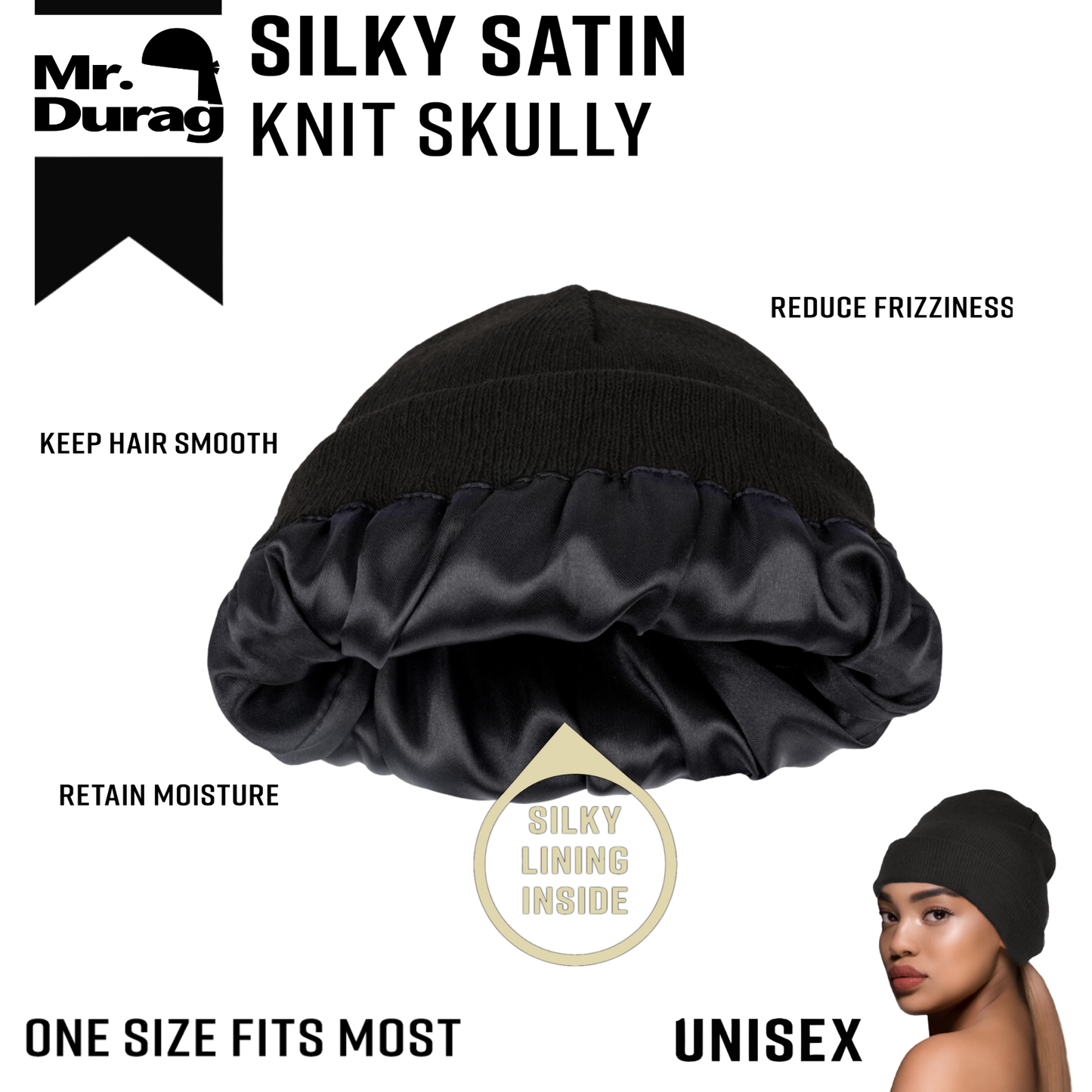 Mr. Durag Silky Satin Knit Skully, 1 Count, Black Annie International, Inc.