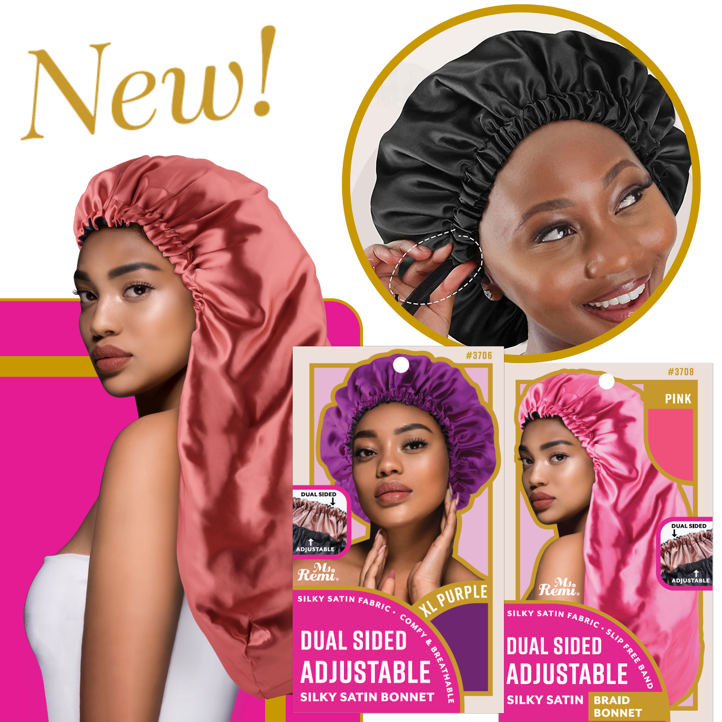 Ms. Remi Dual-Sided Adjustable Satin Braid Bonnet, 1 Count, Black Annie International, Inc.