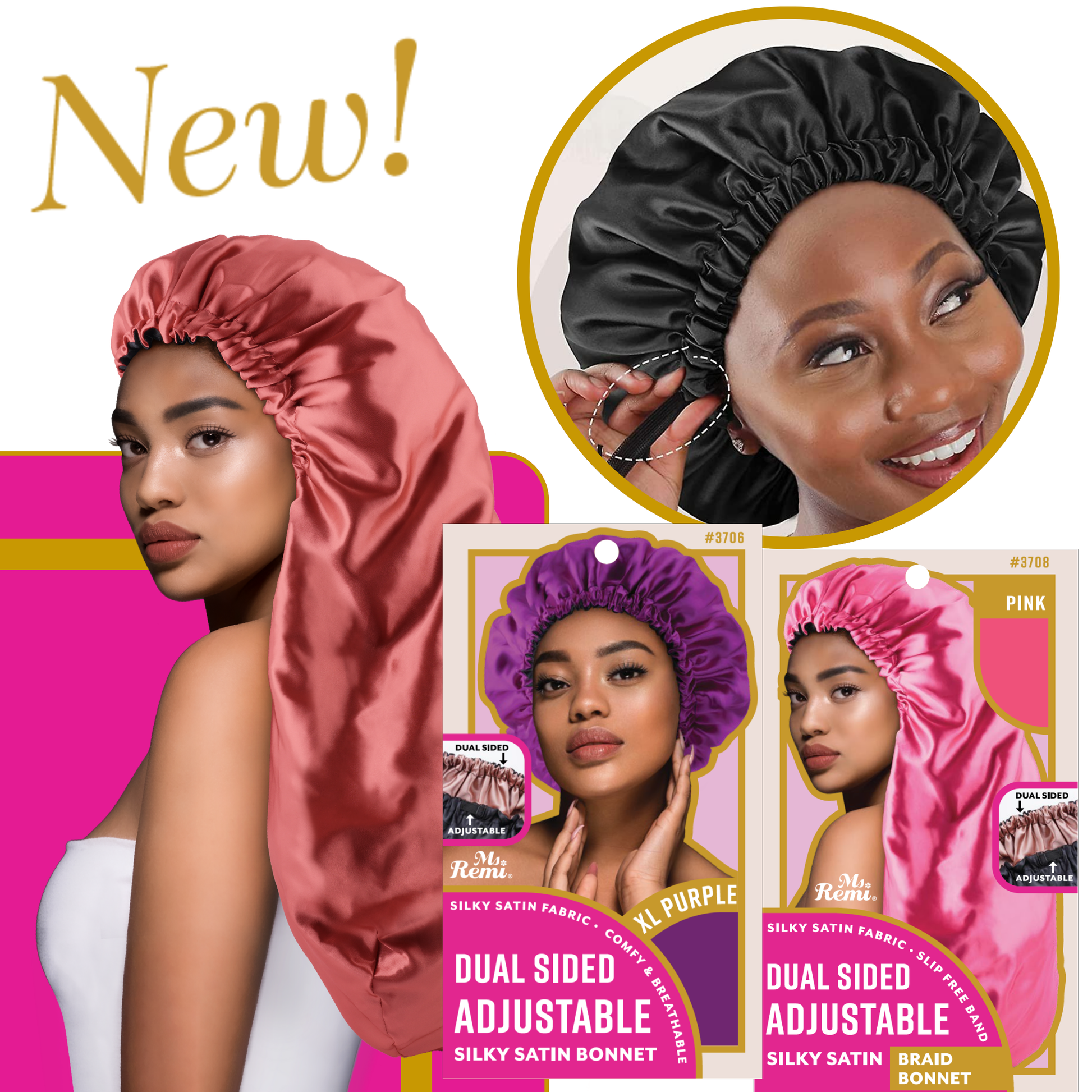 Ms. Remi Dual-Sided Adjustable Satin Braid Bonnet, 1 Count, Black Annie International, Inc.