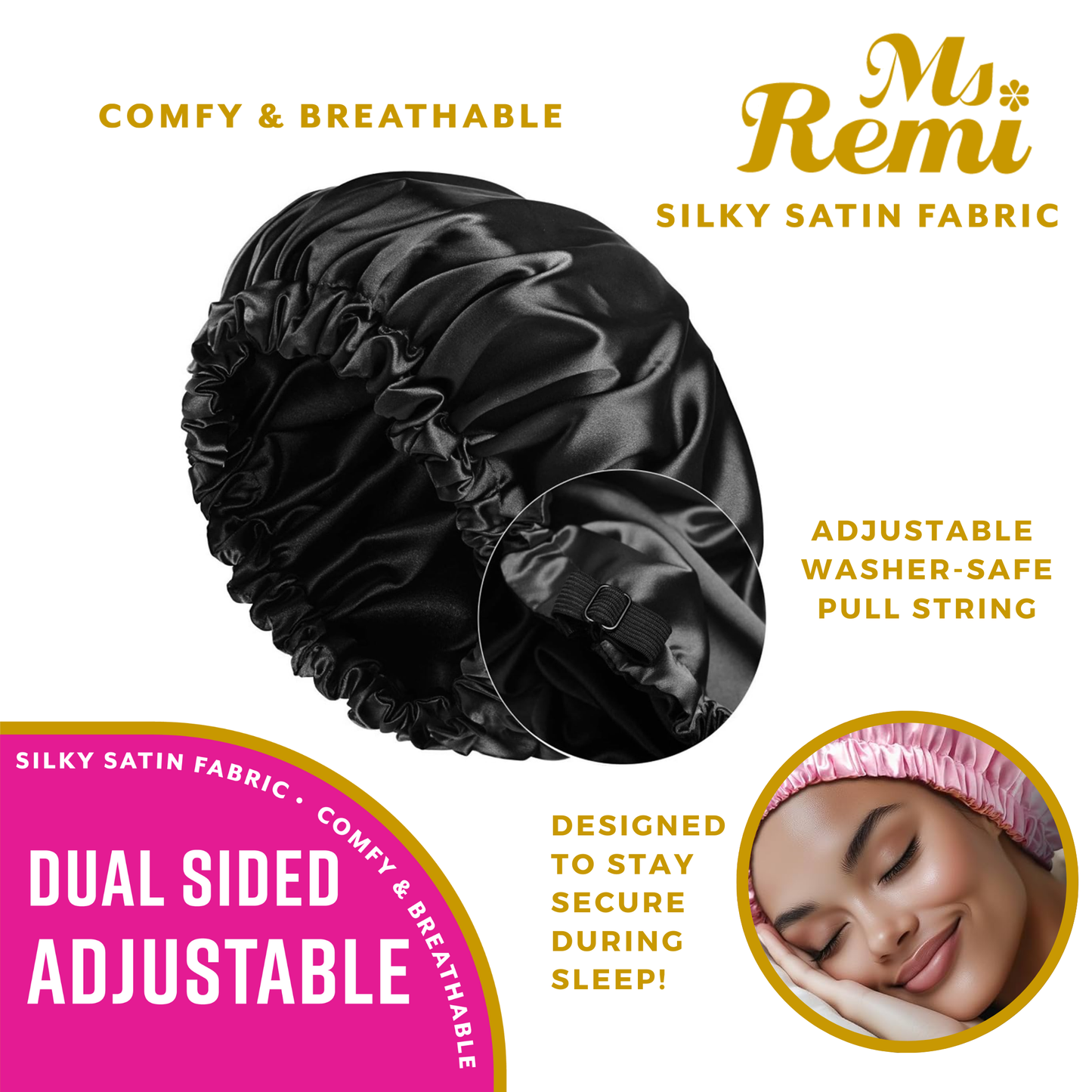 Ms. Remi Dual-Sided Adjustable Satin Braid Bonnet, 1 Count, Black Annie International, Inc.