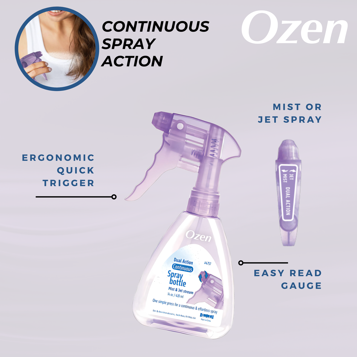 Ozen Dual Action Continuous Spray Bottle 14oz, 1 Count, Lavender Transparent Annie International, Inc.