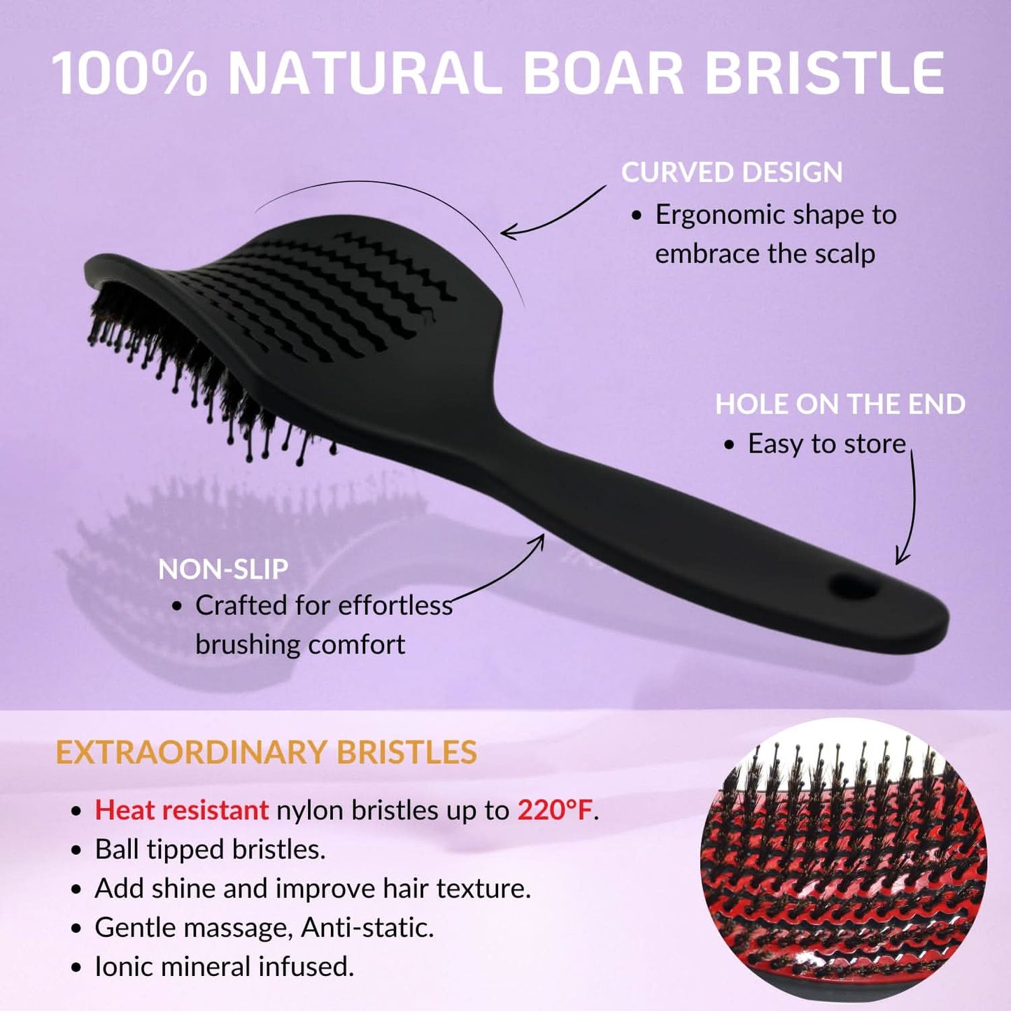 INATEKPRO Curved Vented Boar Bristle Detangler Brush - RED | LARGE The Beauty Box