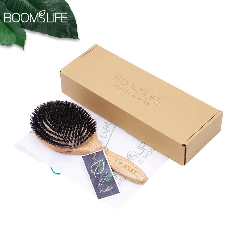 BOOMSLIFE Boar Bristle Hair Brush Women Combs for Hair Wood HairBrush Detangle Straightener Brush Hair Comb Barber Accessories Silcy Skin