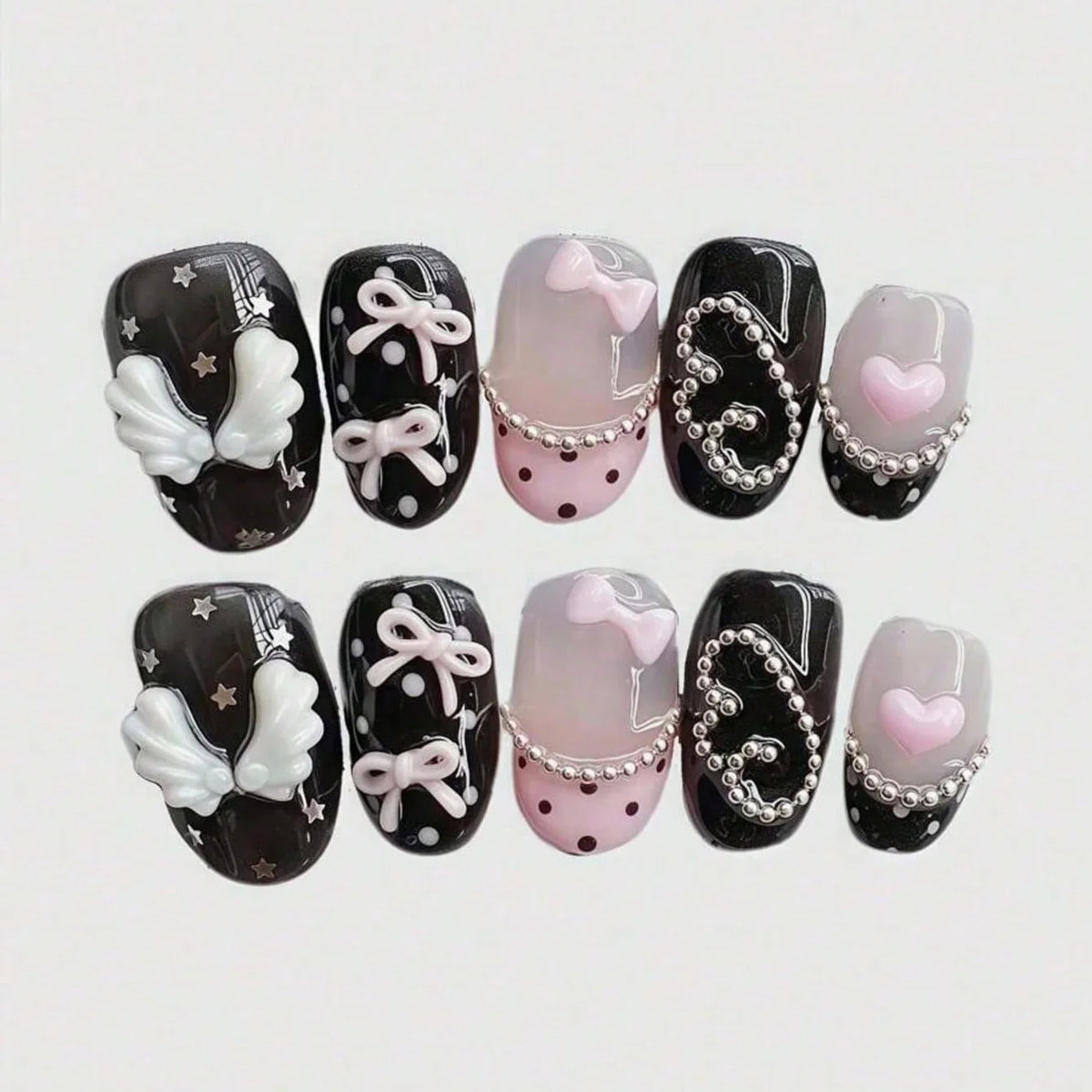 10pcs pure hand pressed short circular nail art, beautiful fake nails, sweet and cool pink bow, suitable for women to use Blushimmer