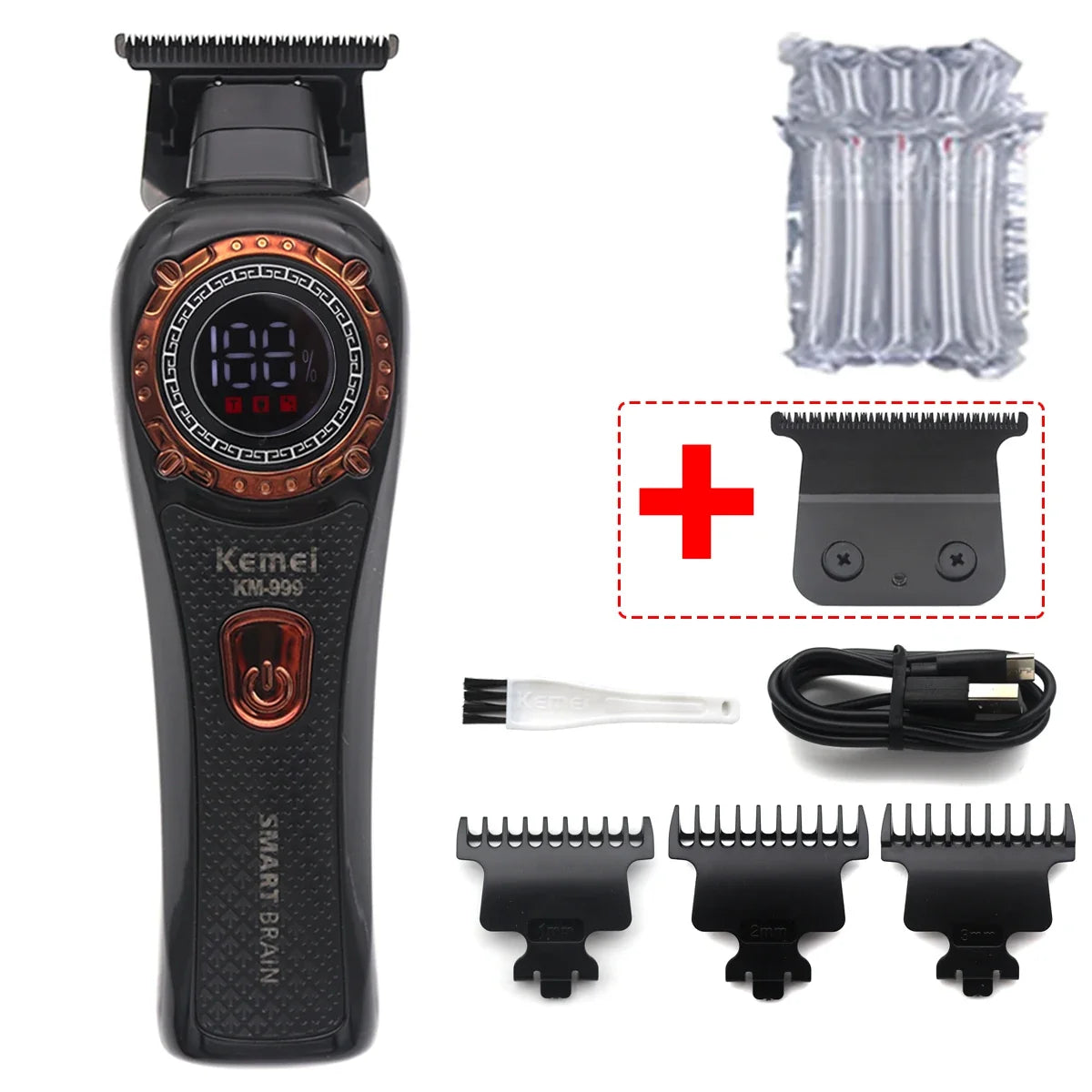 Kemei DLC T-Blade Zero Gapped LED Display Cordless USB Professional Hair Clipper Finishing Machine KM-999 Hair Trimmer for Men Noventix