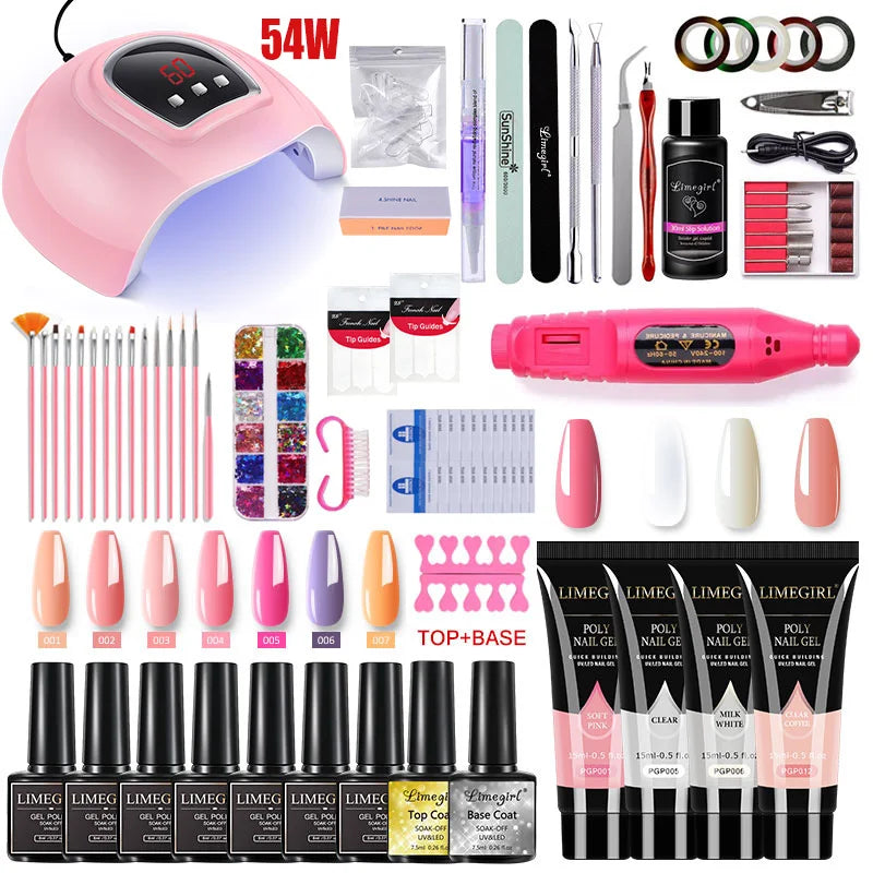 Limegirl Nail Set Nail Gel Tools Kit 54W Nail Lamp 18/12/7 Colors UV Gel Nail Polish Kit Contains Nail Drill Machine Nail Kit Blushimmer