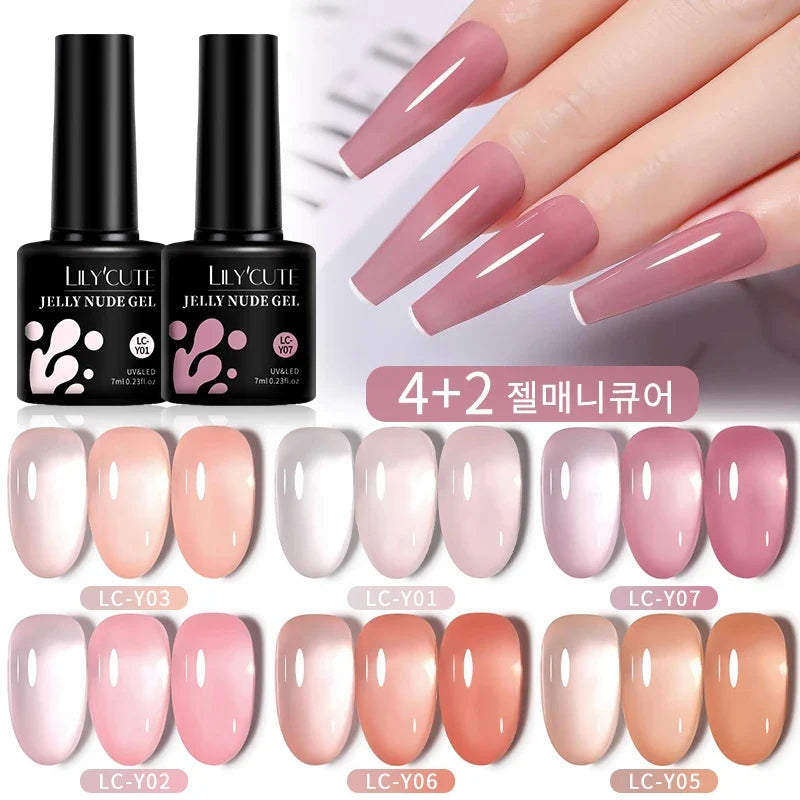 LILYCUTE 6PCS/SET 7ml Jelly Pink Nude Translucent Gel Nail Polish Set Semi Permanent Soak Off Nail Art Manicure Gel Set Blushimmer