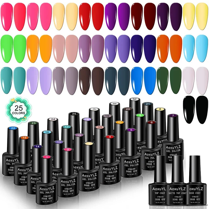 28Pcs/Set Gel Nail Polish Set Glass bottle Soak Off UV Gel Varnish Red Pink Colorful Gel Polish Matte Top Base Coat Nail Gel Kit Blushimmer