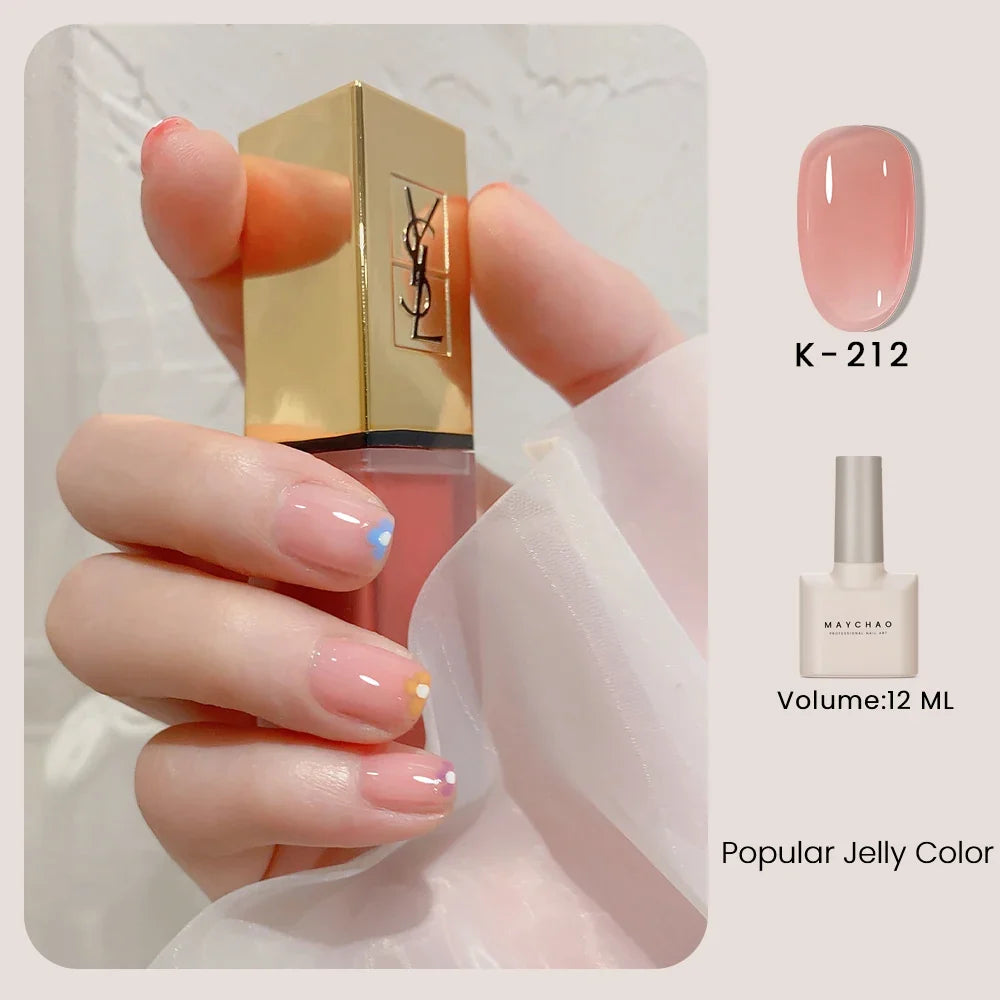 MAYCHAO 12ml Jelly Gel Nail Polish Semi Permanent Top Coat Soak Off UV LED Gel Art Nail Varnish Manicure Long Lasting Nail Gel Blushimmer