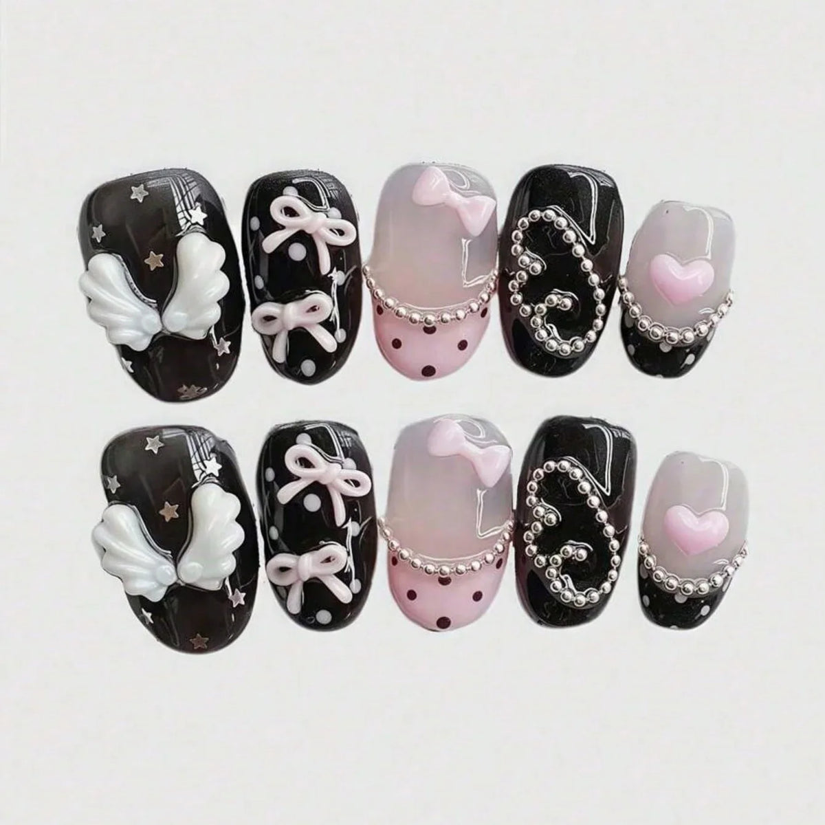 10pcs pure hand pressed short circular nail art, beautiful fake nails, sweet and cool pink bow, suitable for women to use Blushimmer
