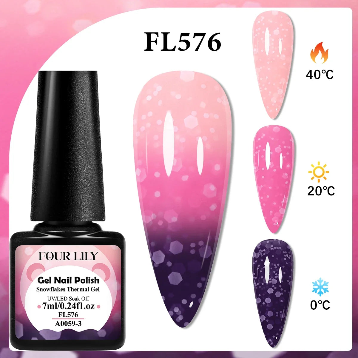 FOUR LILY 7ml Thermal Nail Gel Polish 3 Colors Changing Semi Permanent Soak Off UV/LED Nail Supplies Gel for Manicure Design Blushimmer