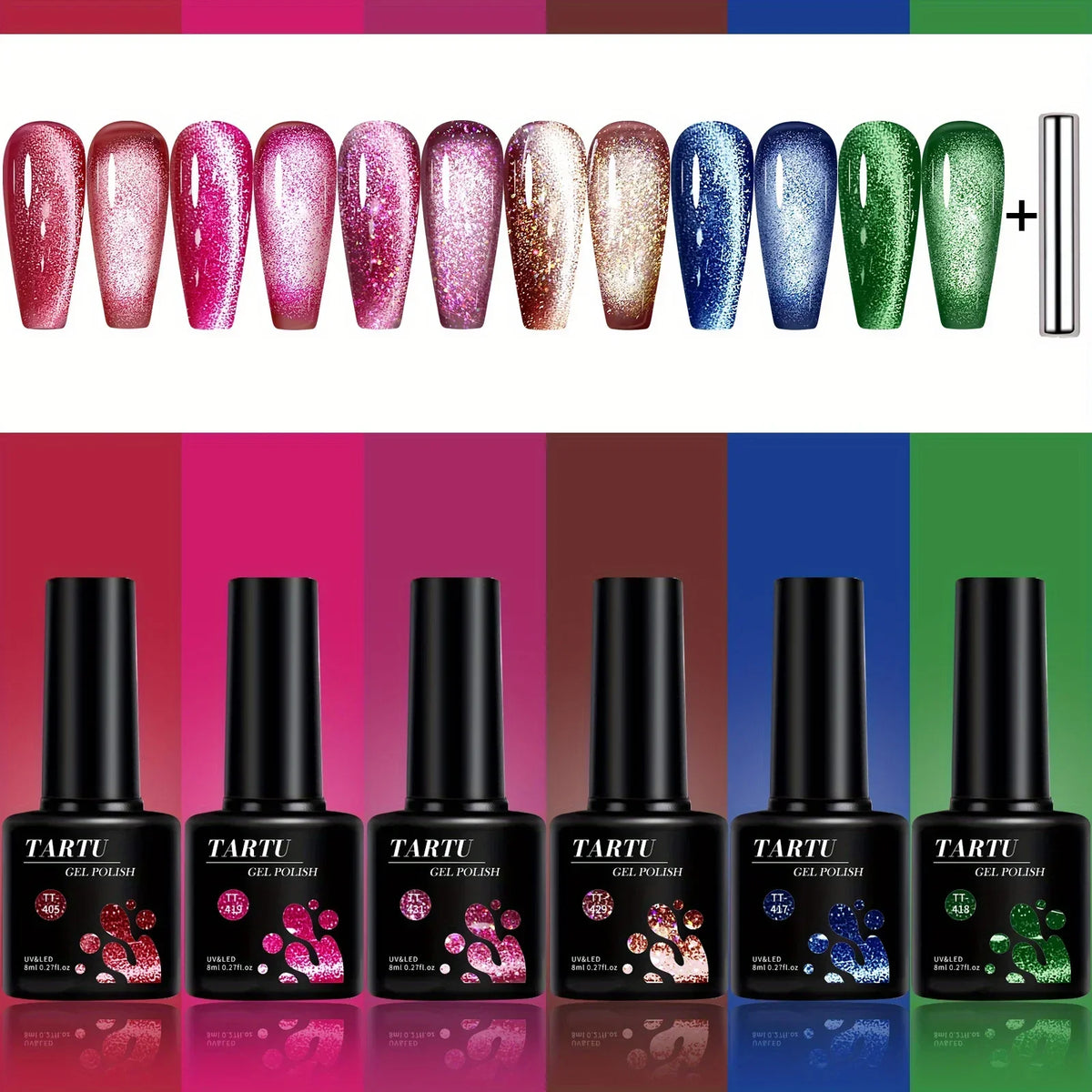 TARTU 6pcs 8ml Cat Eye Gel Nail Polish Set, 6 Colors Gel Polish Kit, Soak Off for Uv/Led, for Salon and Nail Art DIY At Home Blushimmer