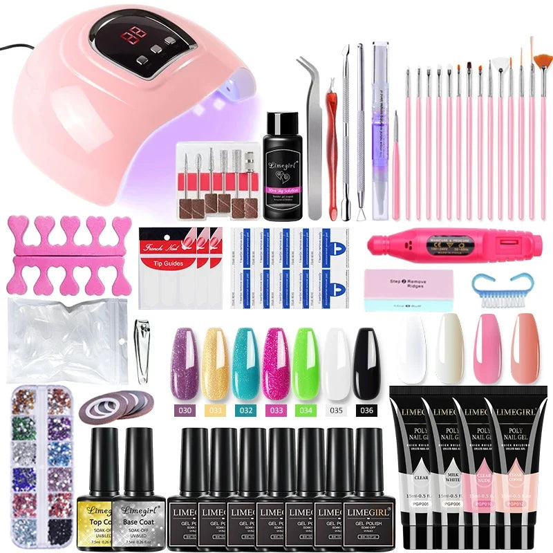 Limegirl Nail Set Nail Gel Tools Kit 54W Nail Lamp 18/12/7 Colors UV Gel Nail Polish Kit Contains Nail Drill Machine Nail Kit Blushimmer