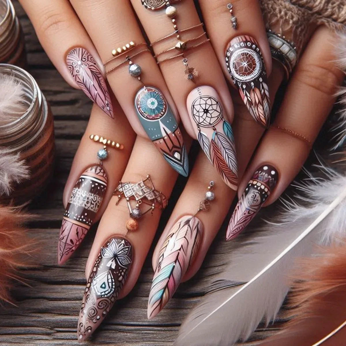 24pcs/set Medium long fake nails for women Spring summer flowers butterfly bee design faux ongles tips press on false nail art Blushimmer