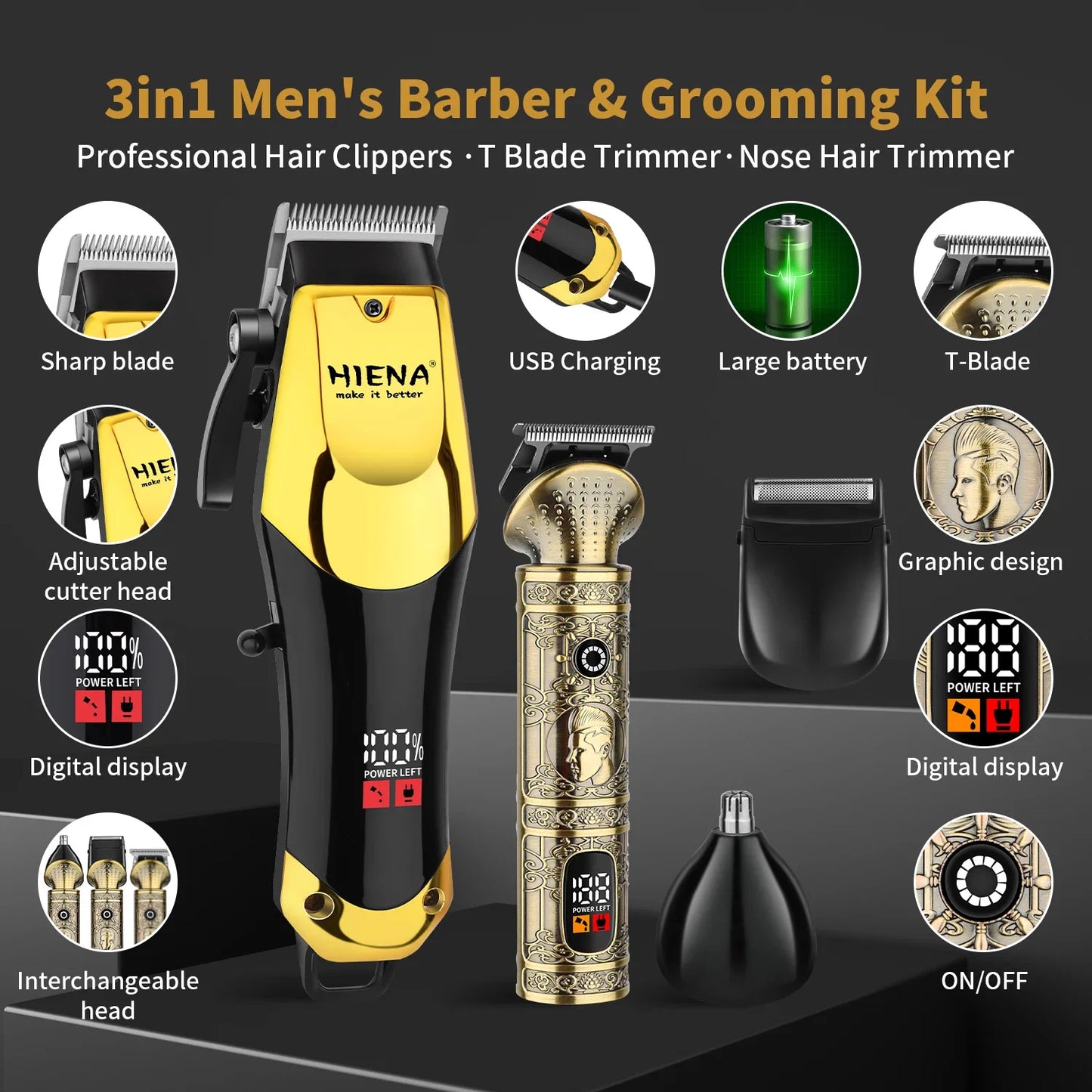hiena Professional Barber Fade Clippers 0mm Zero Gapped Edgers Hair Trimmer Electric Men Bald Head Finish Hair Cutting Machine Noventix