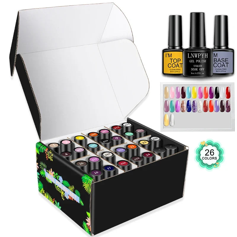 LNWPYH Gel Nail Polish Set Nail Gel Kit 26 Color Semi Permanent UV Led Gel Varnish Soak Off Nail Lacquers Base Coat Top Coat Kit Blushimmer