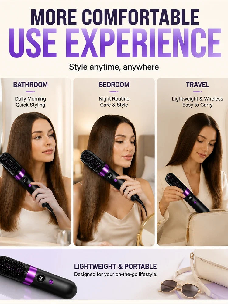 Electric Hair Straightener Brush Rechargeable Ceramic Styling Comb with Temperature Display for Women Daily Care FLIPSTYLEZLLC