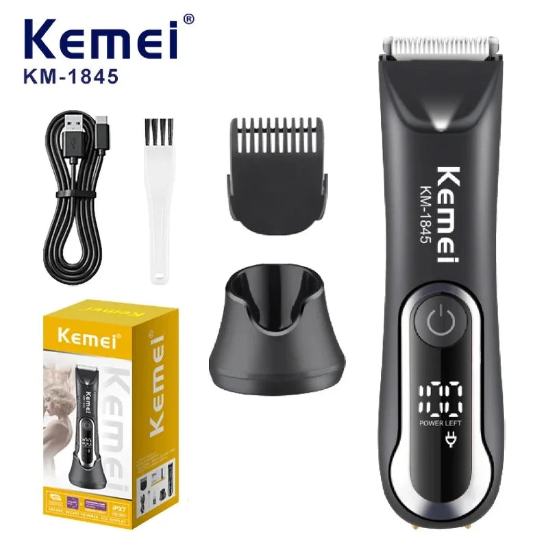 Kemei Groin Hair Trimmer Men Electric Clippers Waterproof  Trimmer for Pubic Body Hair Grooming Kit Ceramic Blade Razor KM-1845 Noventix