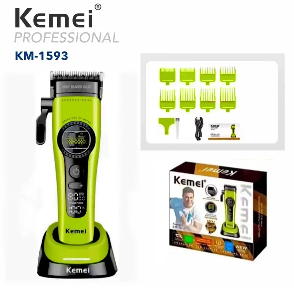 Kemei 1593 Barber Professional Hair Clipper Rechargeable Trimmer Electric Hair Cutting Machine External Rotor Brushless Motor Noventix
