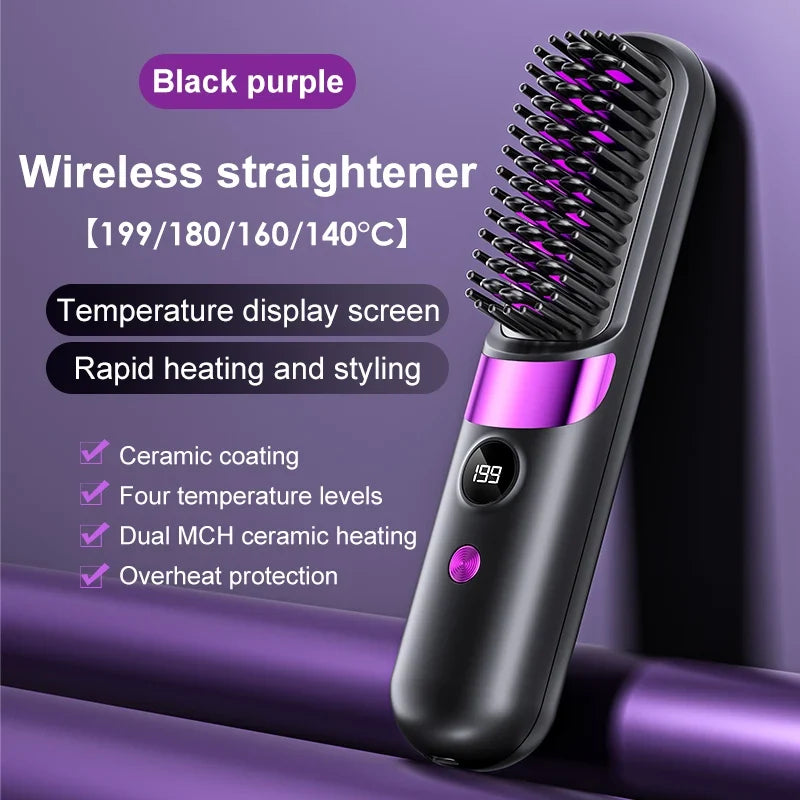 Electric Hair Straightener Brush Rechargeable Ceramic Styling Comb with Temperature Display for Women Daily Care FLIPSTYLEZLLC