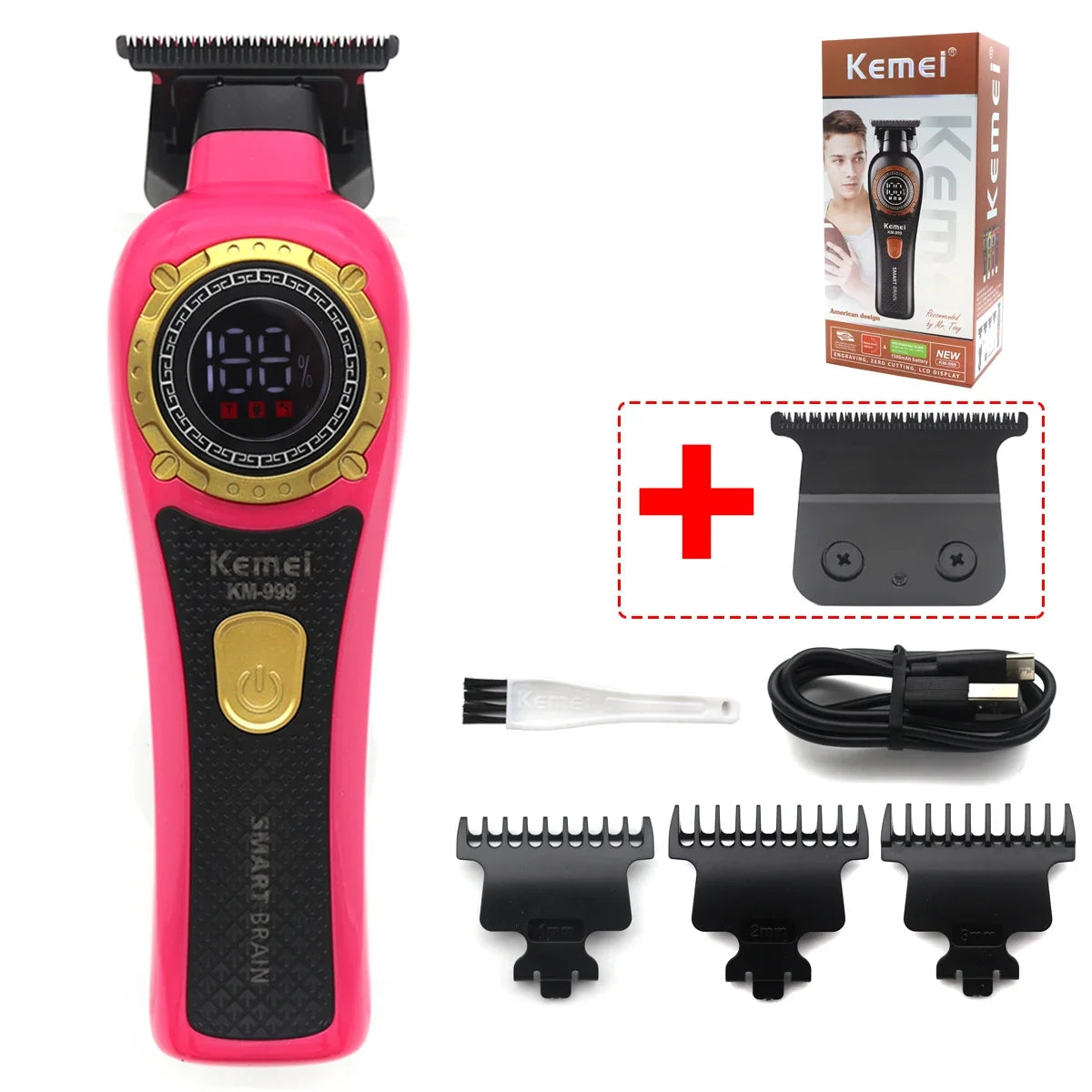 Kemei DLC T-Blade Zero Gapped LED Display Cordless USB Professional Hair Clipper Finishing Machine KM-999 Hair Trimmer for Men Noventix
