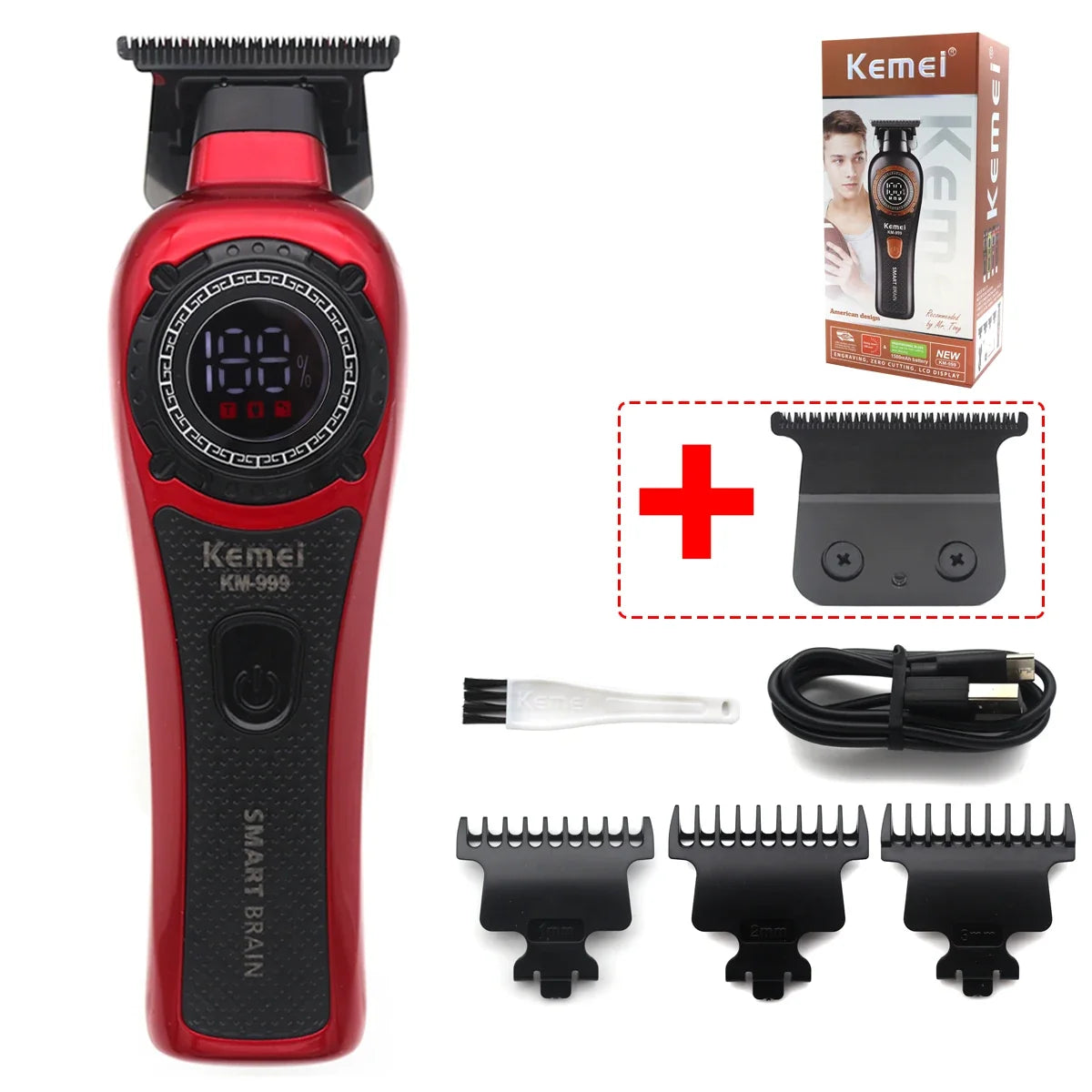 Kemei DLC T-Blade Zero Gapped LED Display Cordless USB Professional Hair Clipper Finishing Machine KM-999 Hair Trimmer for Men Noventix