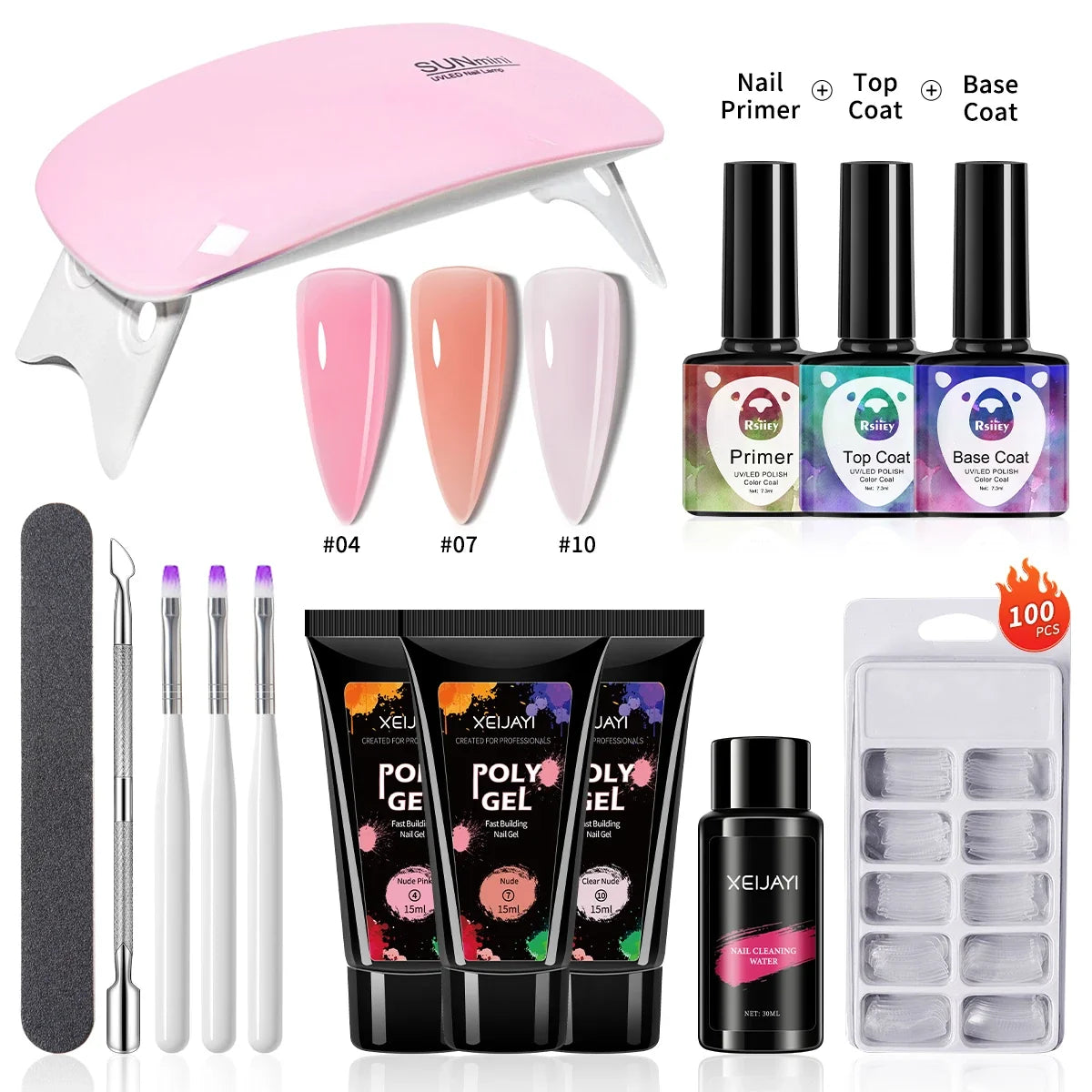 3pcs 15ml Poly Nail Gel Full Set For Extention Gel Polish Steal Push, Base And Top Coat, Cleaning Water And Nail Mold Kit Set Blushimmer