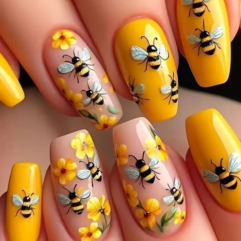 24pcs/set Medium long fake nails for women Spring summer flowers butterfly bee design faux ongles tips press on false nail art Blushimmer