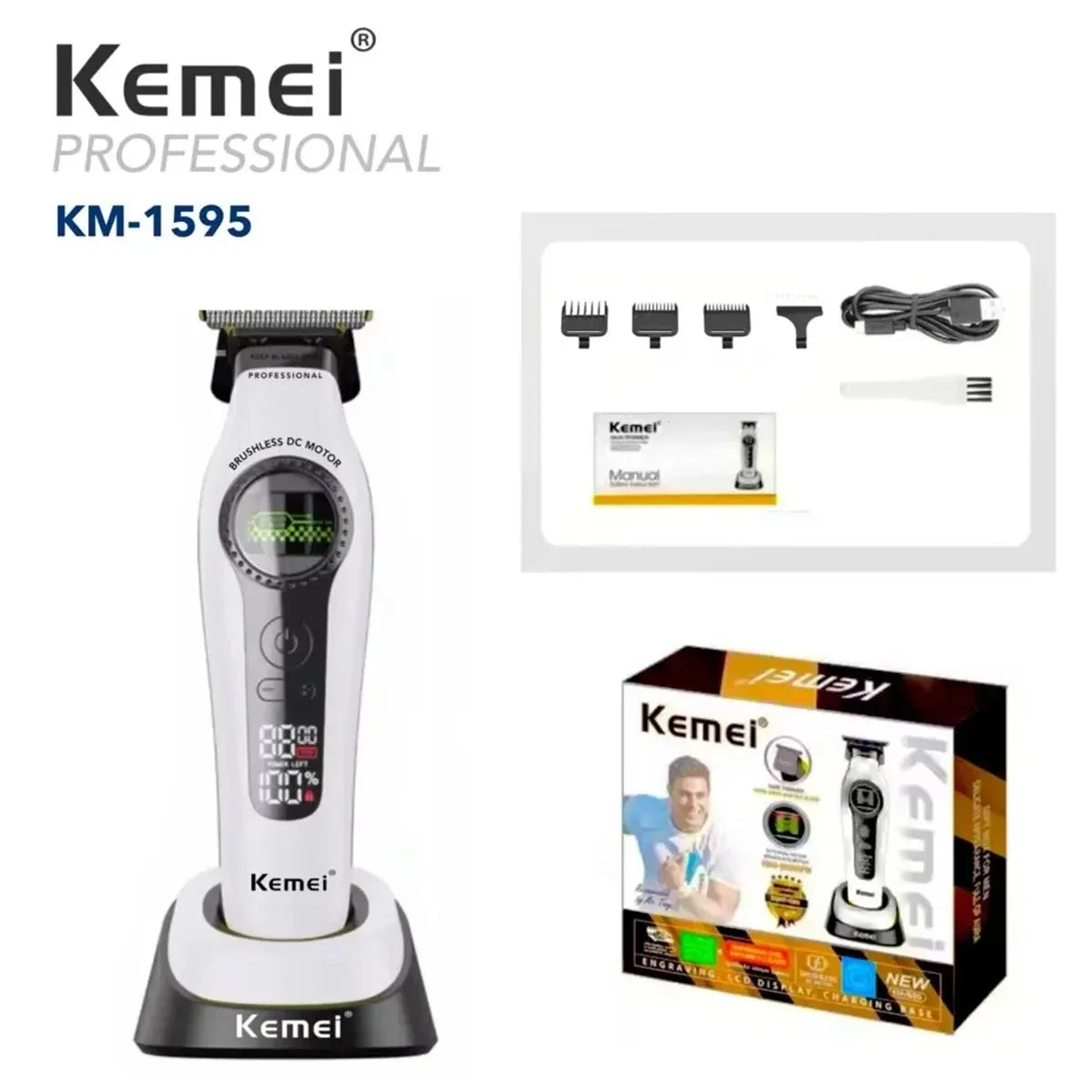 Kemei 1593 Barber Professional Hair Clipper Rechargeable Trimmer Electric Hair Cutting Machine External Rotor Brushless Motor Noventix